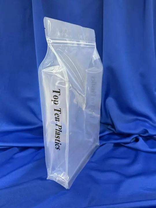Clear flat-bottom bag printed with Top Ten Plastics