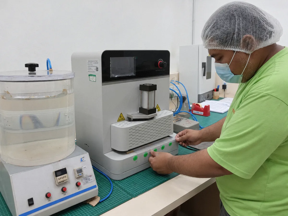 QA technician loading film into the five-point heat-seal tester
