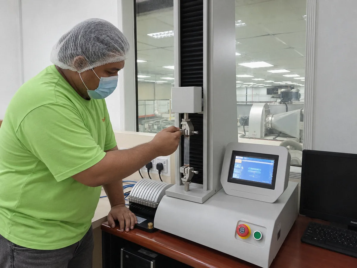 QA technician clamping a film strip in the tensile tester